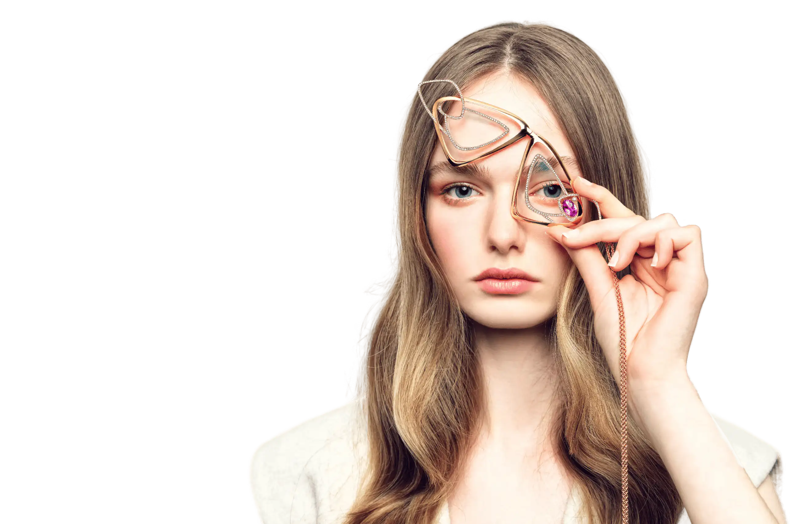 Portrait of a woman holding sculptural eyewear